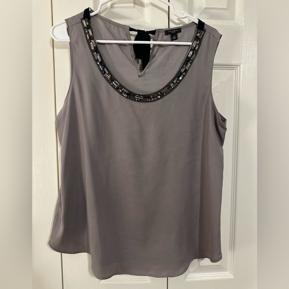 Ann Taylor Gray Silky Tank Top With Beads Size PL Back Tie Closure